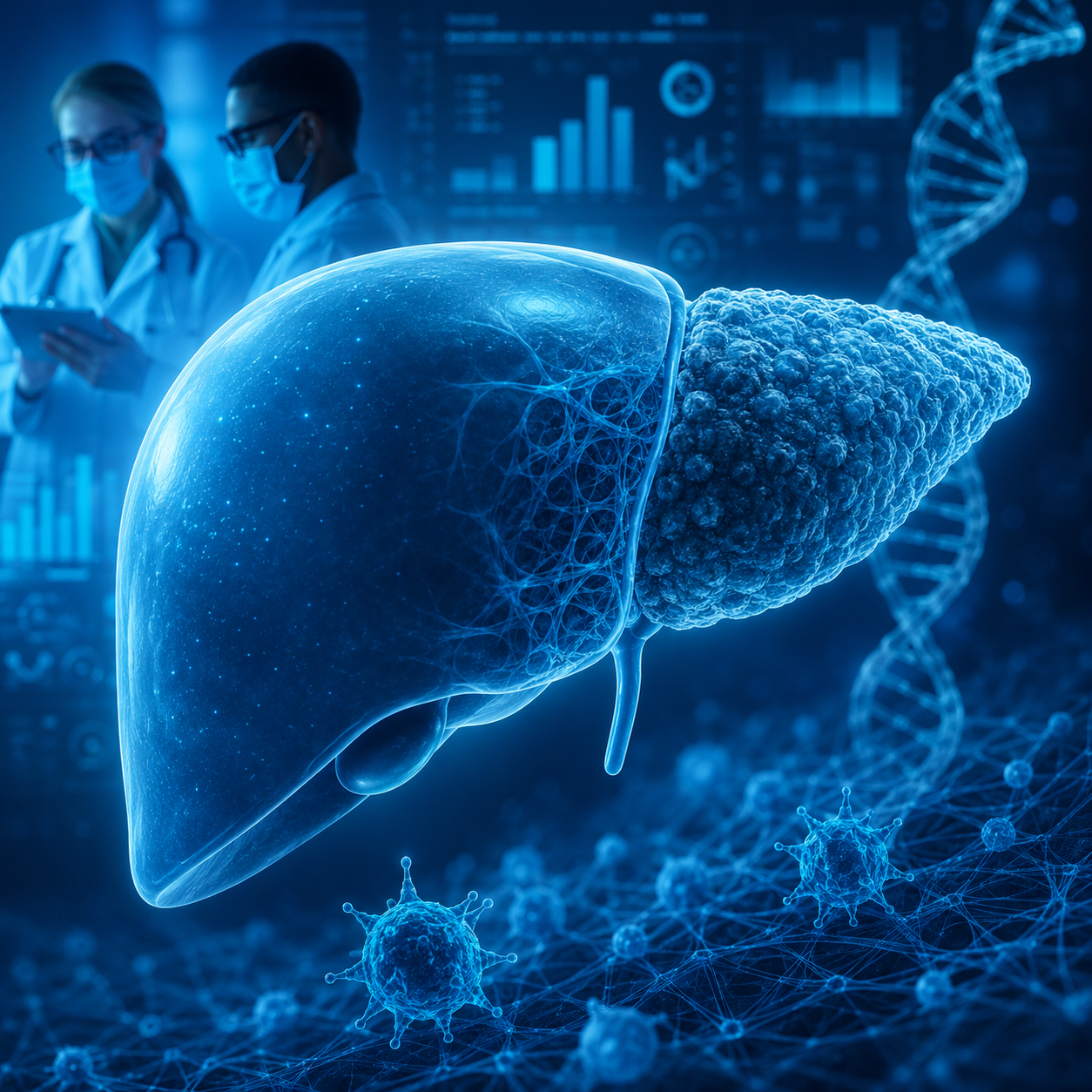 3D visualization of a healthy liver transitioning to fibrotic tissue, with clinicians and molecular imagery
