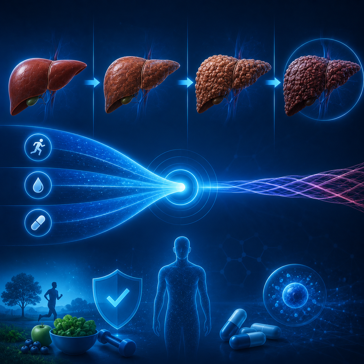 Liver fibrosis progression from healthy to cirrhotic, with lifestyle, metabolic, and pharmacotherapy interventions converging at the reversal window
